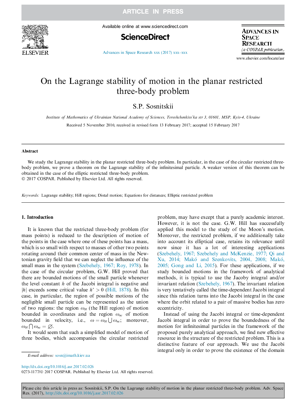 در لاگرانژ ثبات حرکت در مسطح مسدود مشکل سه بدن است 