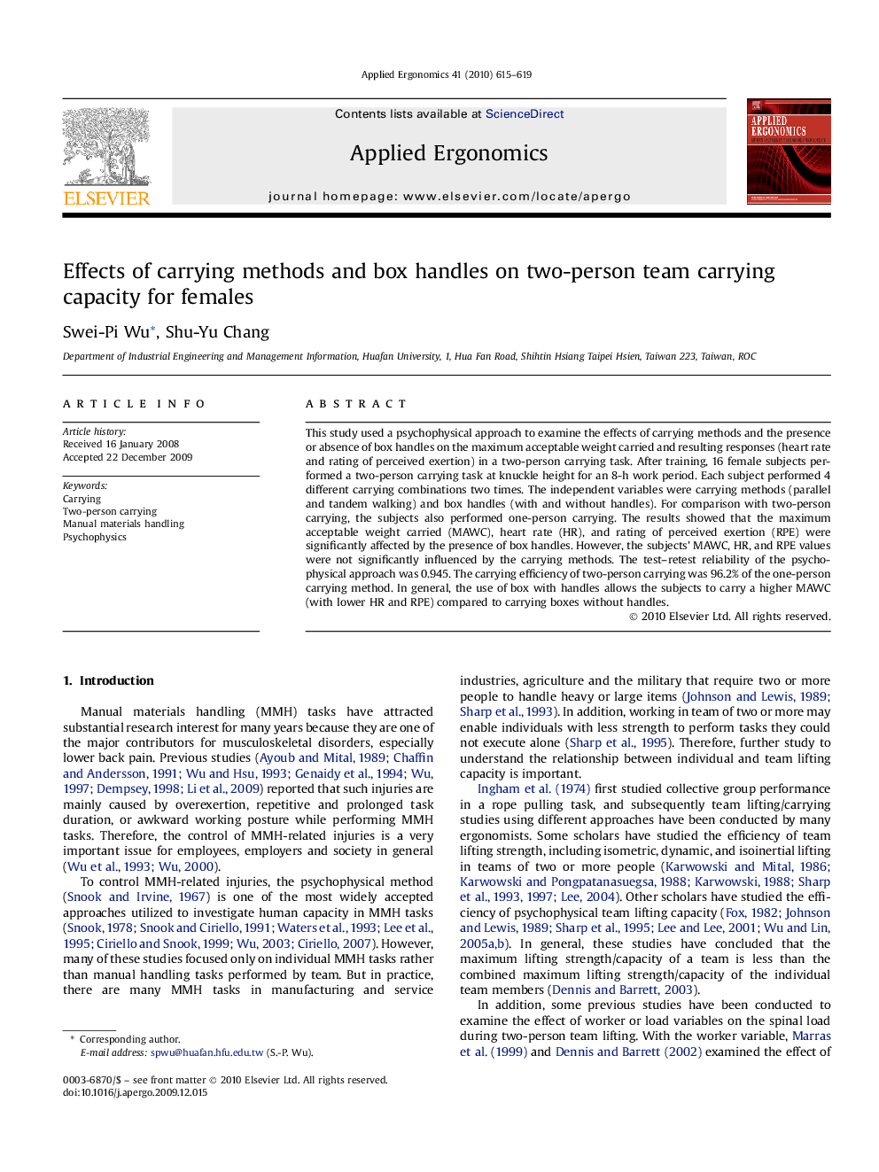 Effects of carrying methods and box handles on two-person team carrying capacity for females