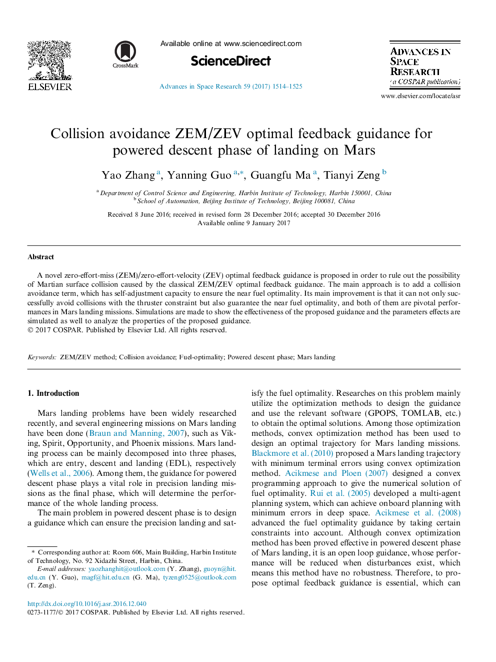 Collision avoidance ZEM/ZEV optimal feedback guidance for powered descent phase of landing on Mars