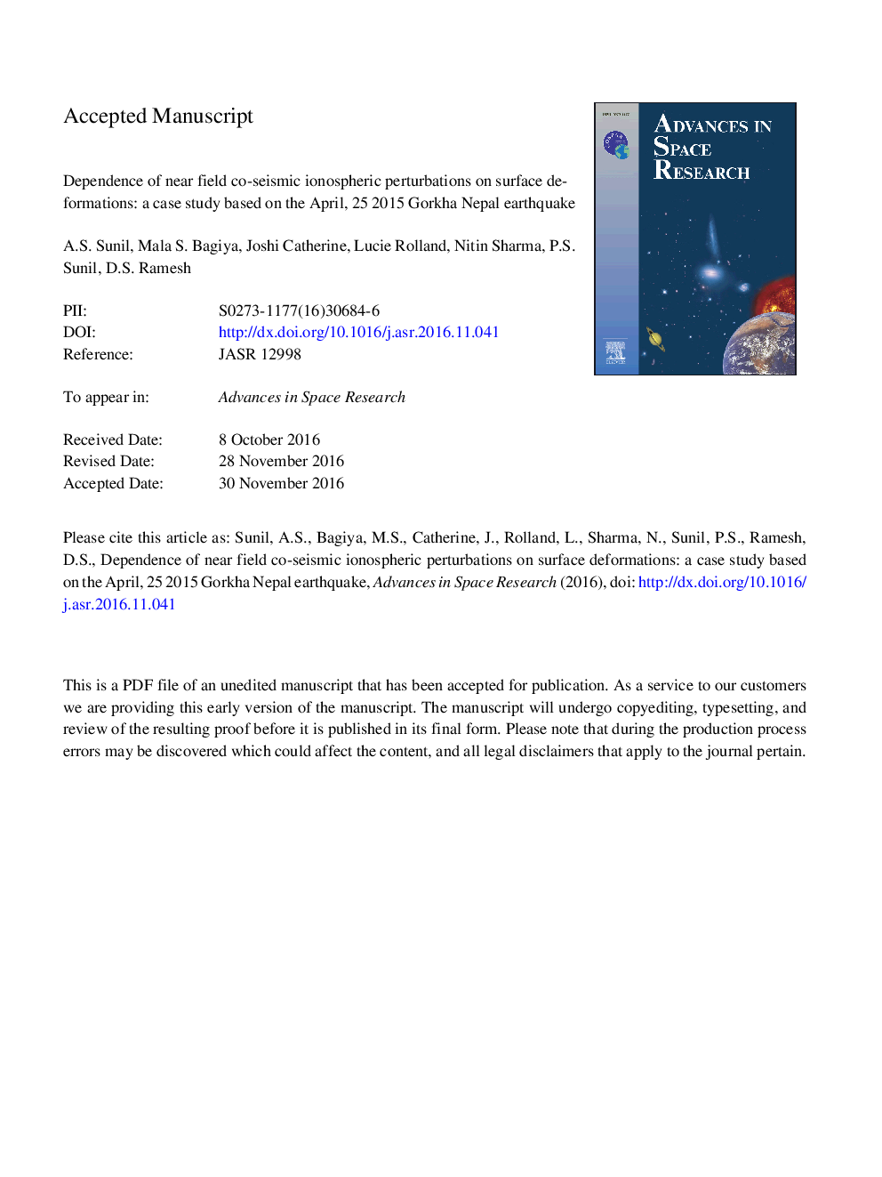 عکس صفحه اول مقاله: Dependence of near field co-seismic ionospheric perturbations on surface deformations: A case study based on the April, 25 2015 Gorkha Nepal earthquake Dependence of near field co-seismic ionospheric perturbations on surface deformations: A case study based on the April, 25 2015 Gorkha Nepal earthquake