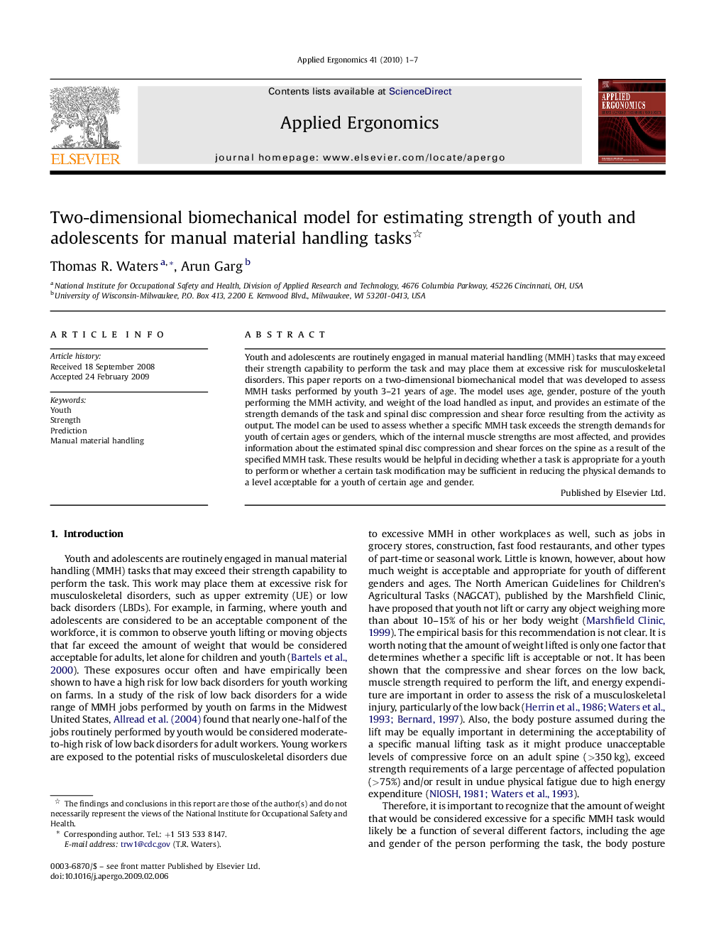 Two-dimensional biomechanical model for estimating strength of youth and adolescents for manual material handling tasks 