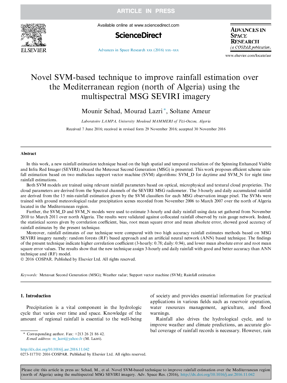 Novel SVM-based technique to improve rainfall estimation over the Mediterranean region (north of Algeria) using the multispectral MSG SEVIRI imagery