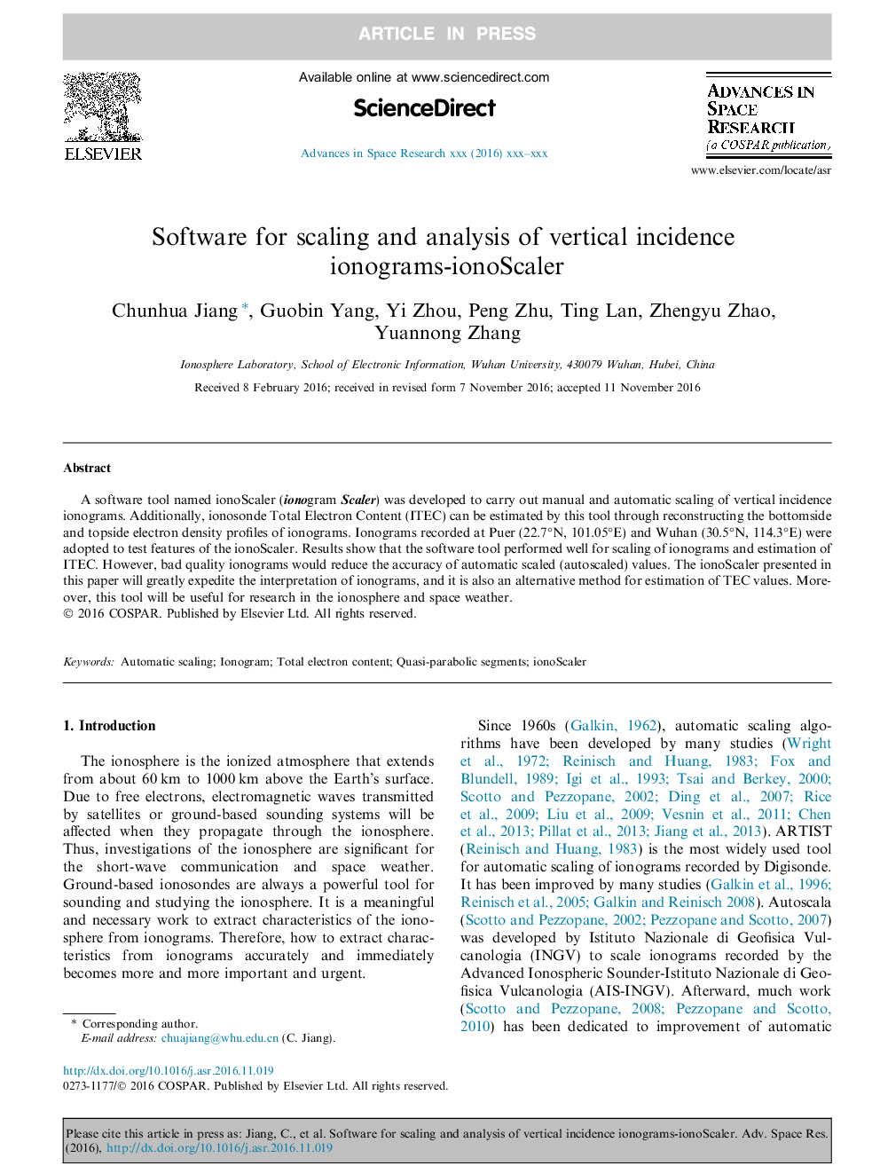 Software for scaling and analysis of vertical incidence ionograms-ionoScaler