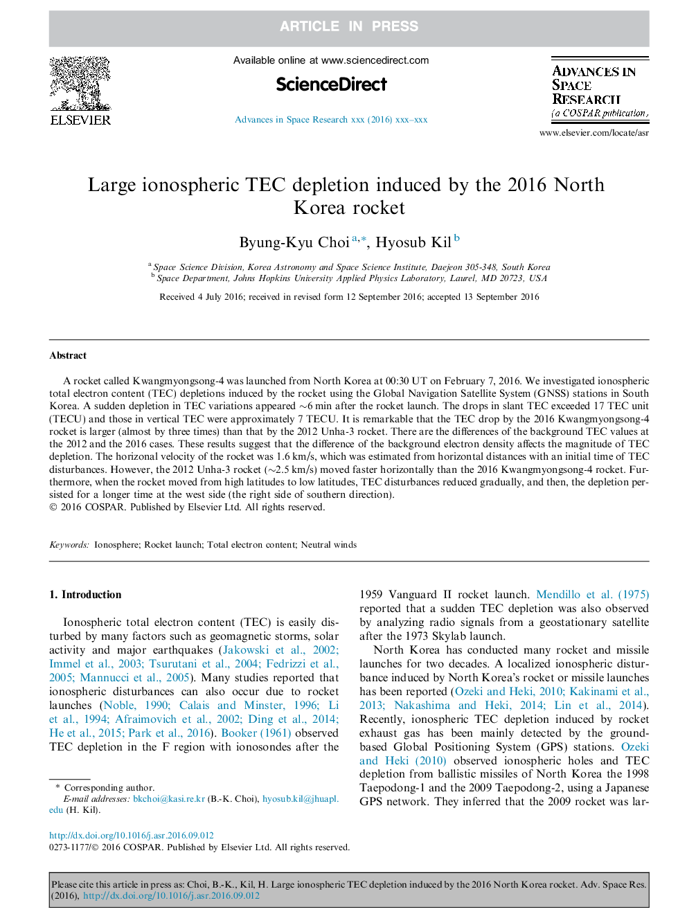 Large ionospheric TEC depletion induced by the 2016 North Korea rocket