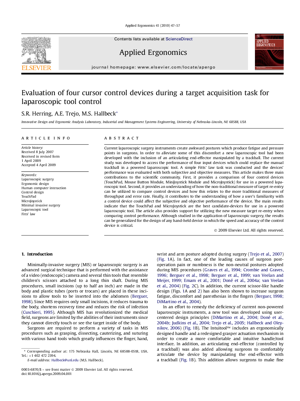 Evaluation of four cursor control devices during a target acquisition task for laparoscopic tool control