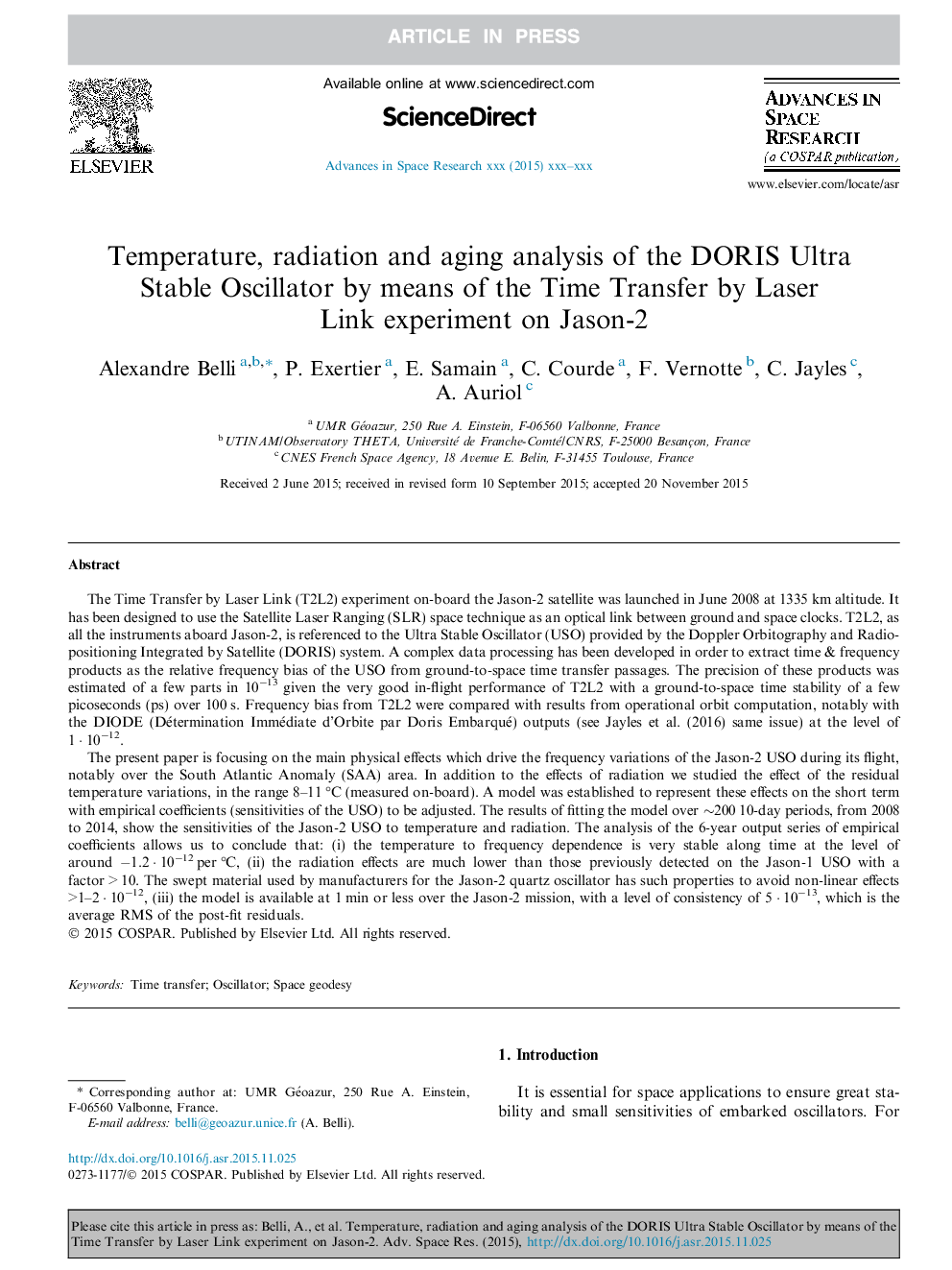 Temperature, radiation and aging analysis of the DORIS Ultra Stable Oscillator by means of the Time Transfer by Laser Link experiment on Jason-2