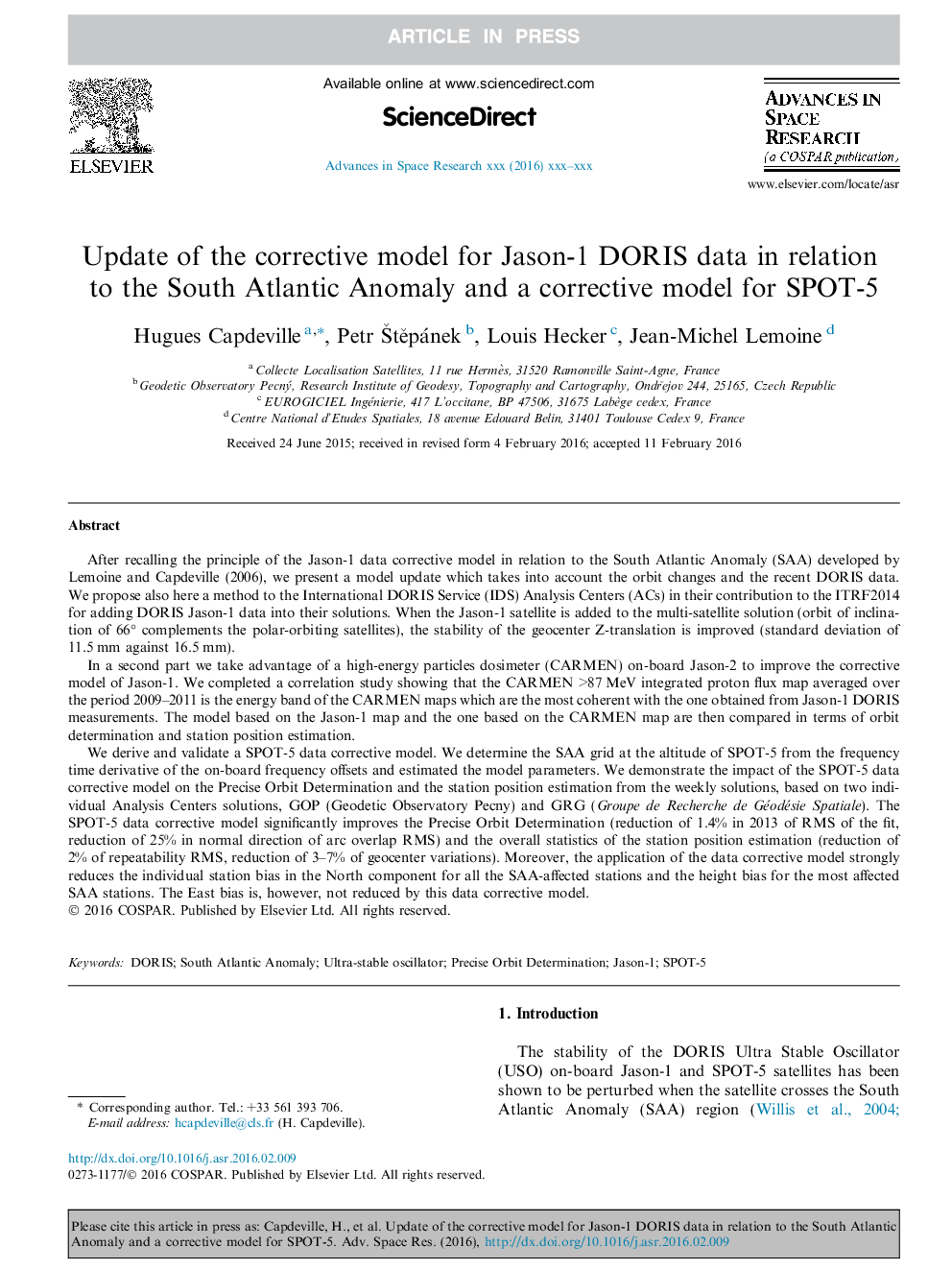 Update of the corrective model for Jason-1 DORIS data in relation to the South Atlantic Anomaly and a corrective model for SPOT-5