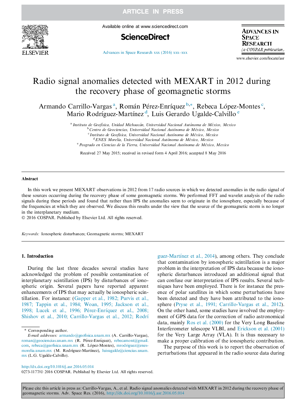 Radio signal anomalies detected with MEXART in 2012 during the recovery phase of geomagnetic storms