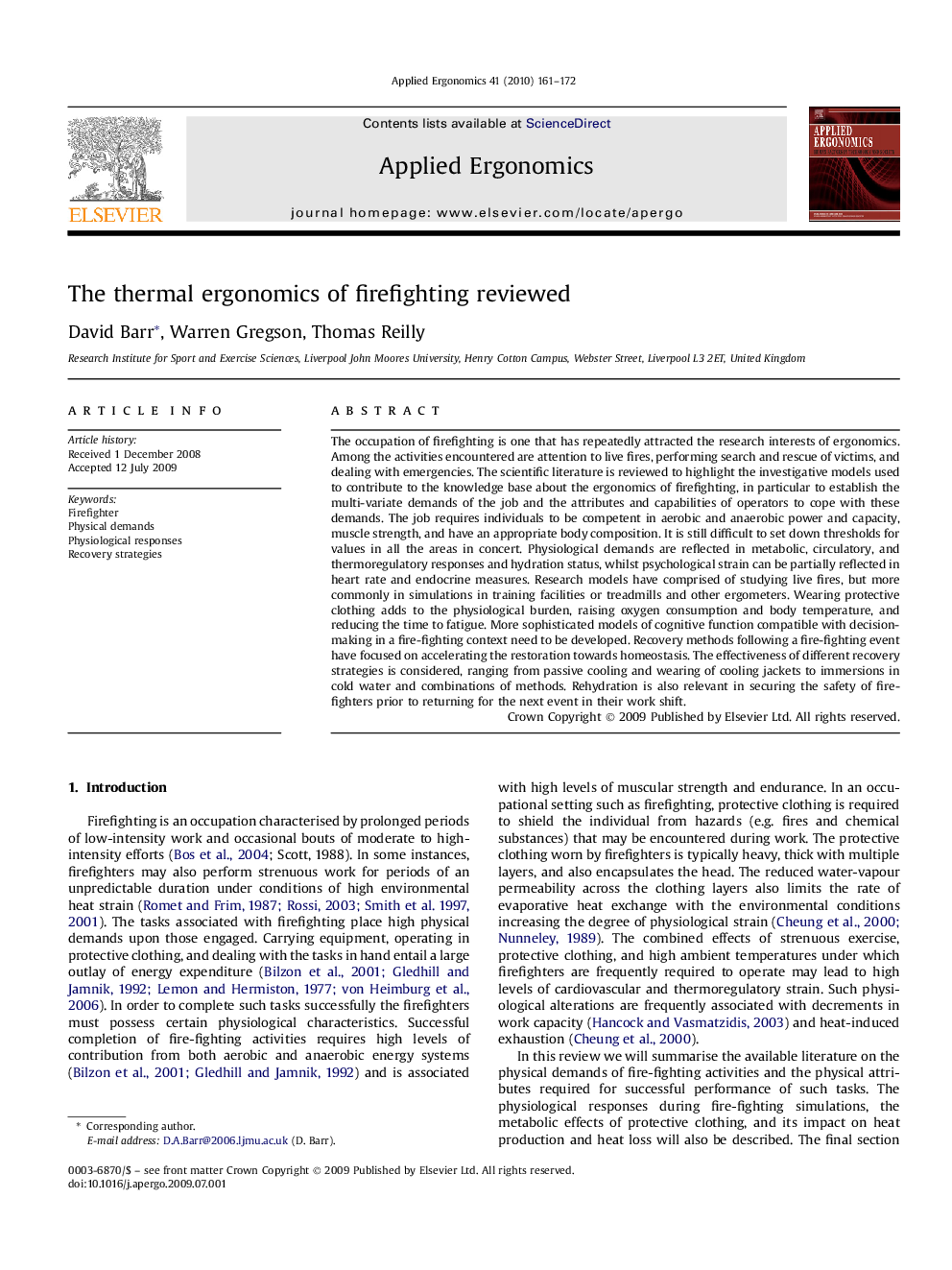 The thermal ergonomics of firefighting reviewed