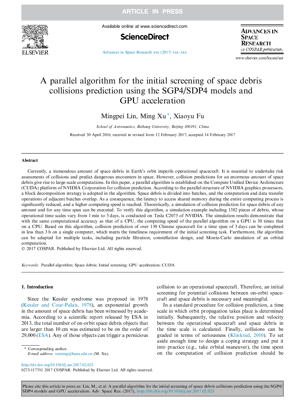 A parallel algorithm for the initial screening of space debris collisions prediction using the SGP4/SDP4 models and GPU acceleration