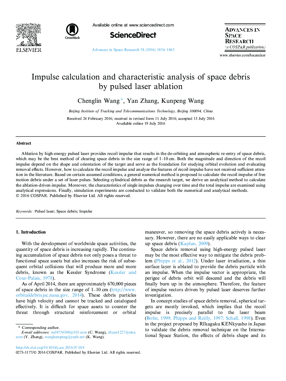 Impulse calculation and characteristic analysis of space debris by pulsed laser ablation