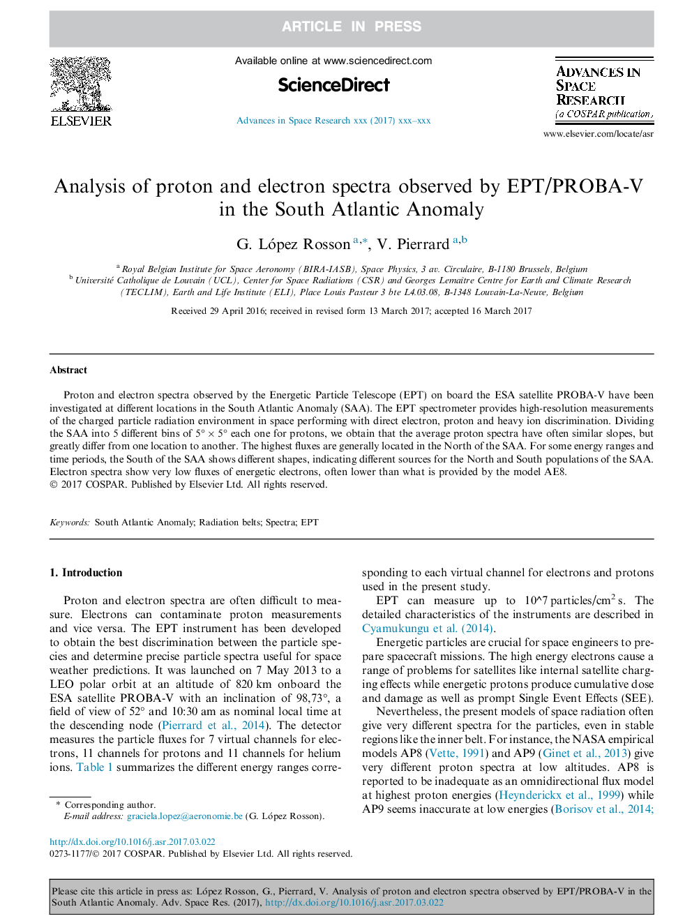 Analysis of proton and electron spectra observed by EPT/PROBA-V in the South Atlantic Anomaly