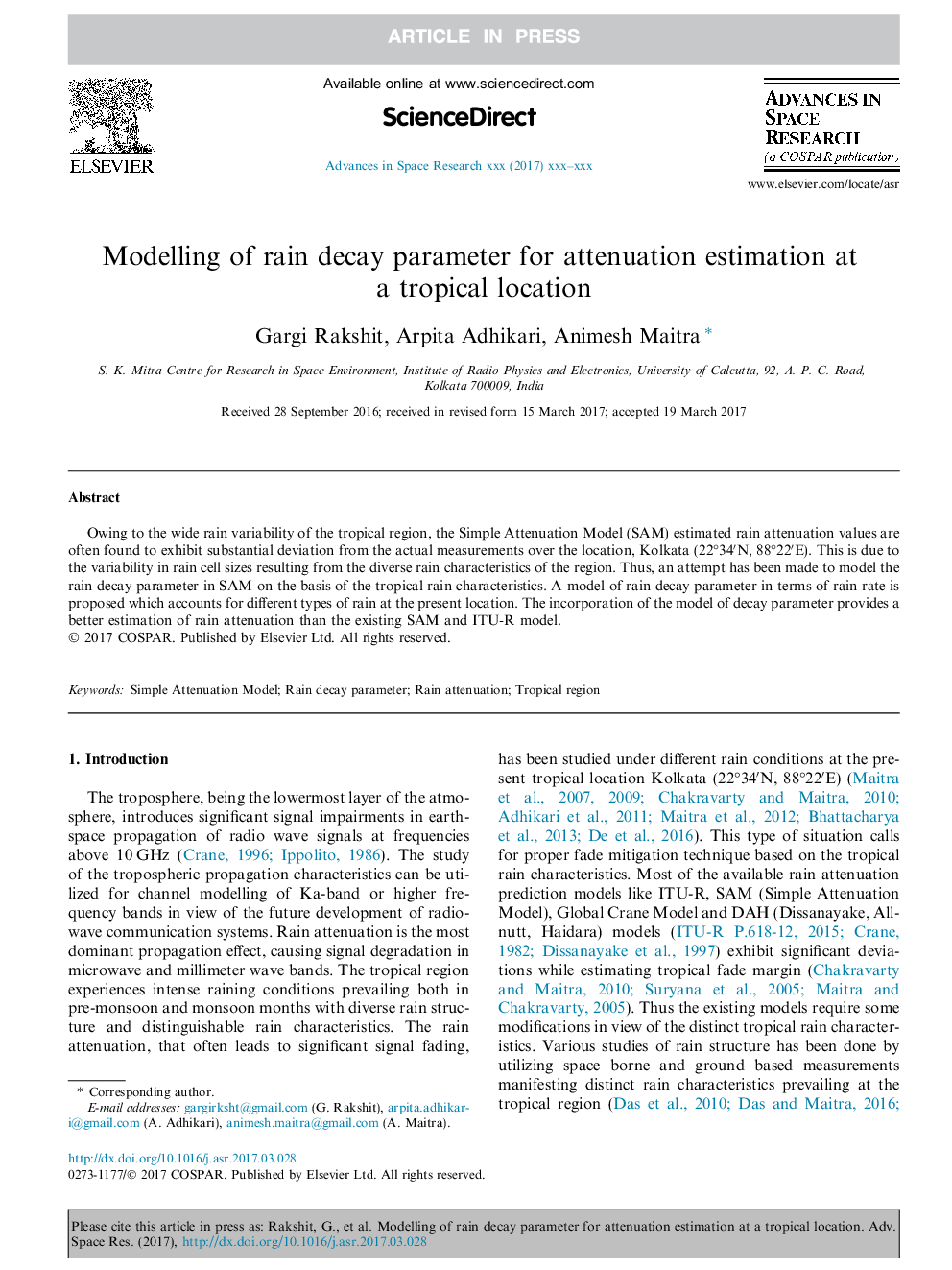 Modelling of rain decay parameter for attenuation estimation at a tropical location