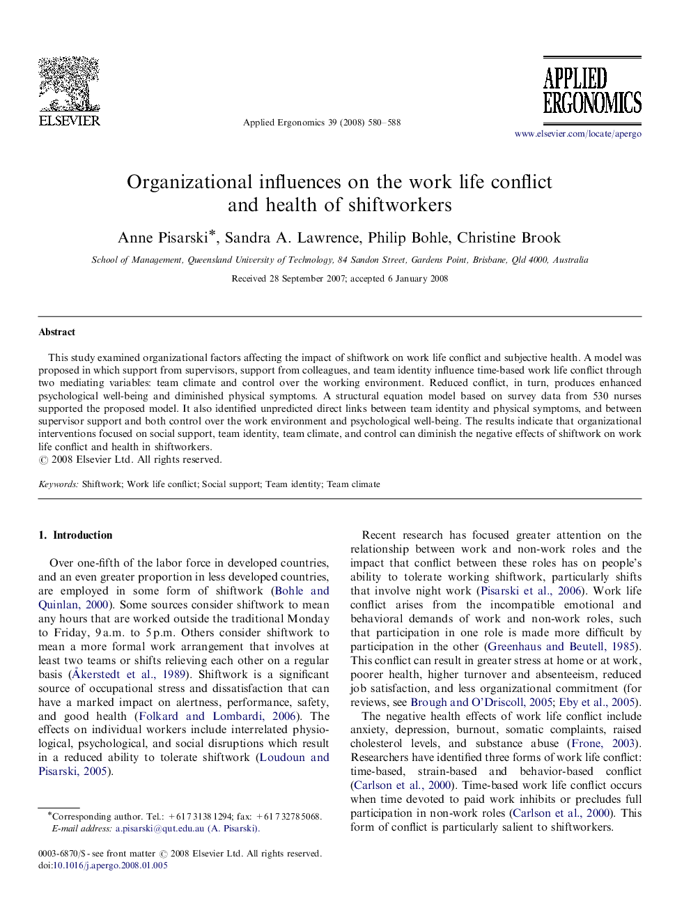 Organizational influences on the work life conflict and health of shiftworkers