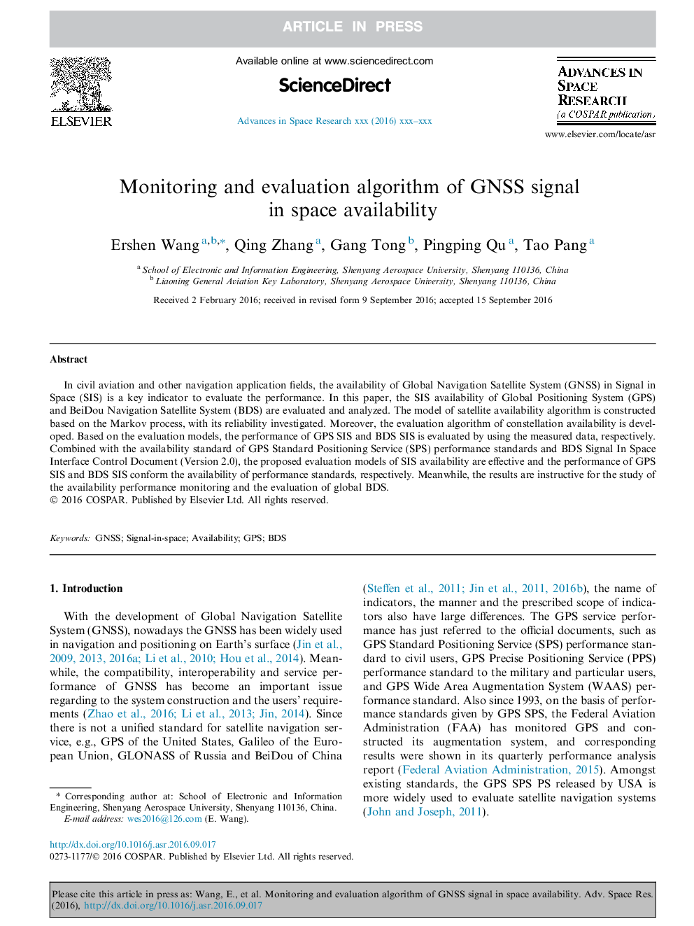 Monitoring and evaluation algorithm of GNSS signal in space availability