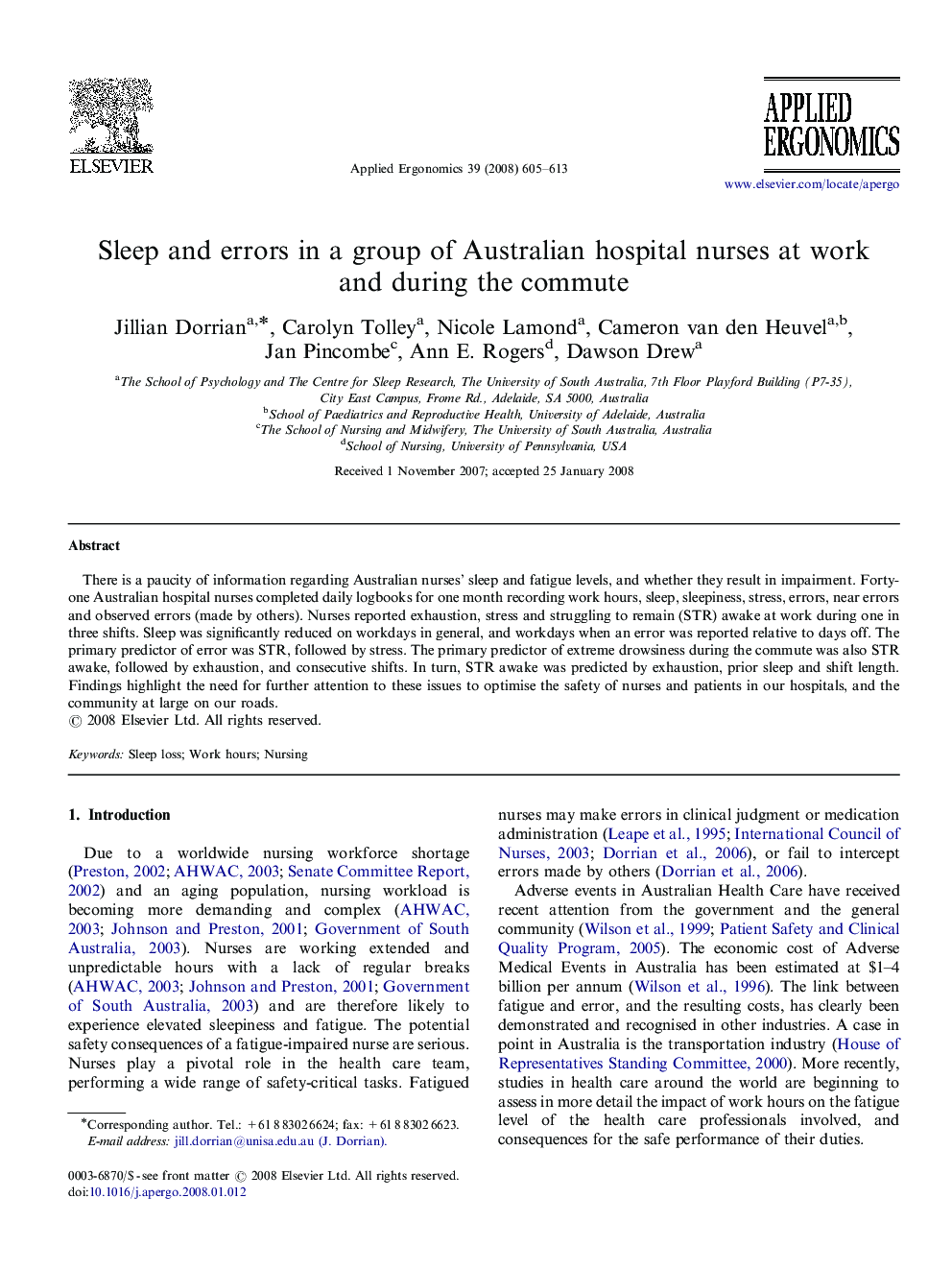 Sleep and errors in a group of Australian hospital nurses at work and during the commute