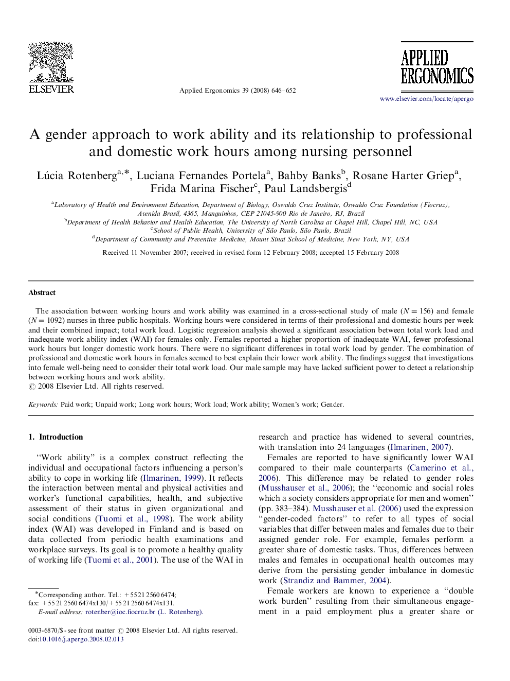 A gender approach to work ability and its relationship to professional and domestic work hours among nursing personnel