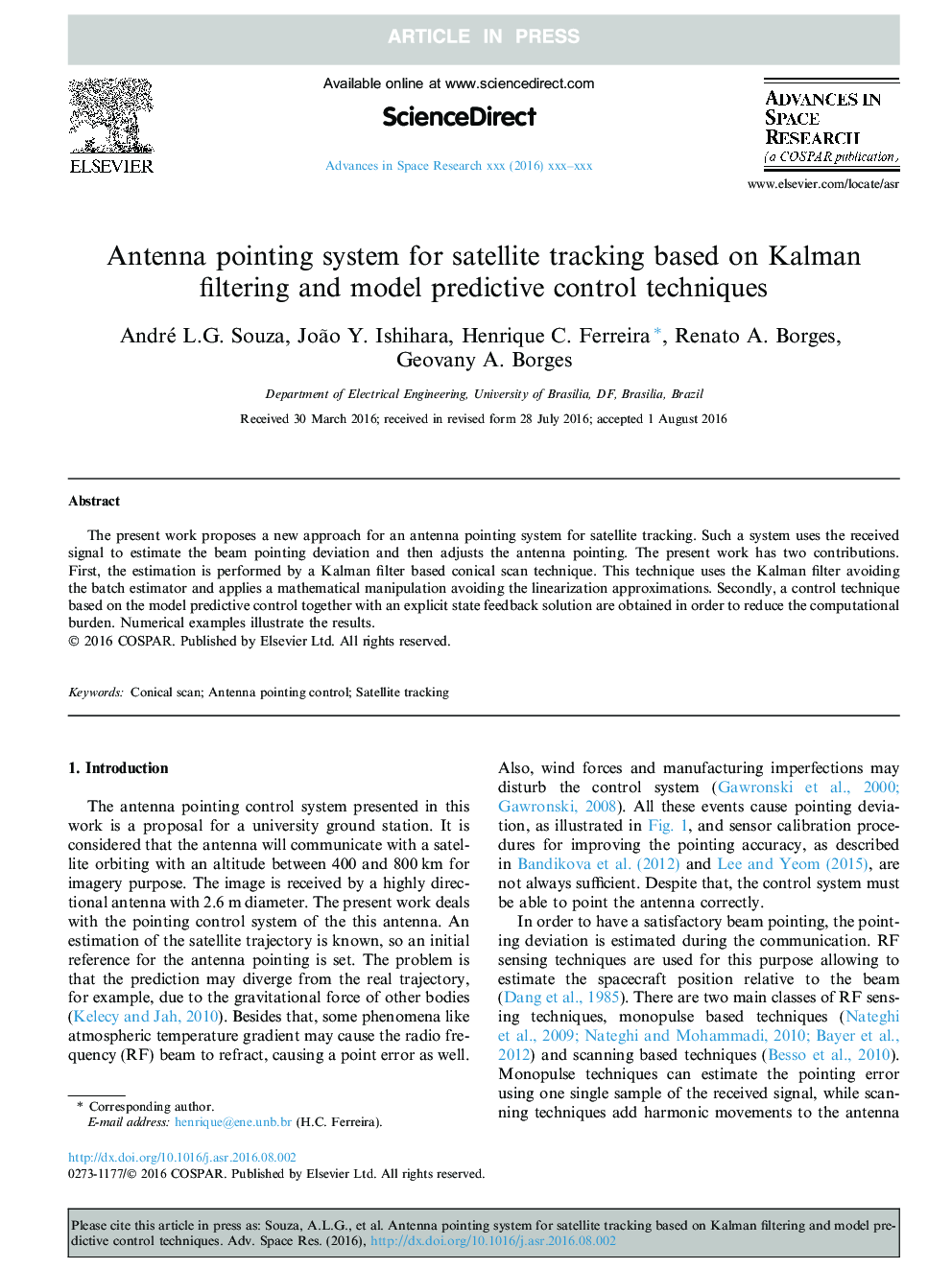 Antenna pointing system for satellite tracking based on Kalman filtering and model predictive control techniques