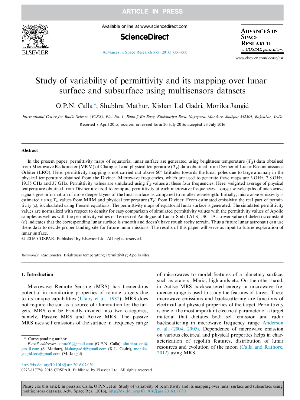 Study of variability of permittivity and its mapping over lunar surface and subsurface using multisensors datasets