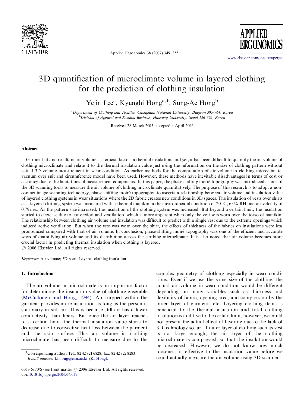 عکس صفحه اول مقاله: 3D quantification of microclimate volume in layered clothing for the prediction of clothing insulation 3D quantification of microclimate volume in layered clothing for the prediction of clothing insulation