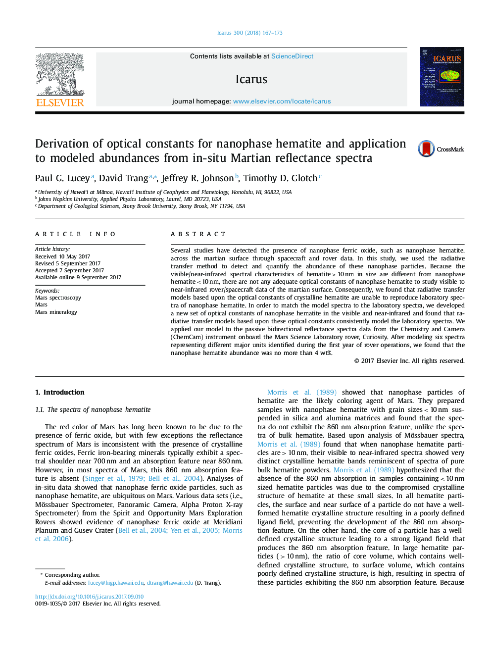 Derivation of optical constants for nanophase hematite and application to modeled abundances from in-situ Martian reflectance spectra