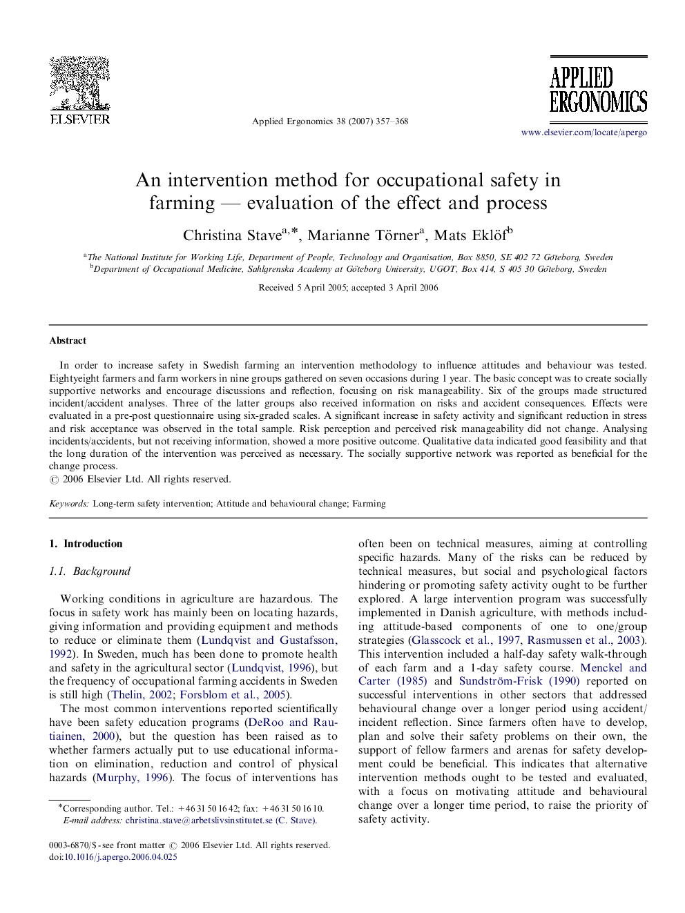 An intervention method for occupational safety in farming — evaluation of the effect and process