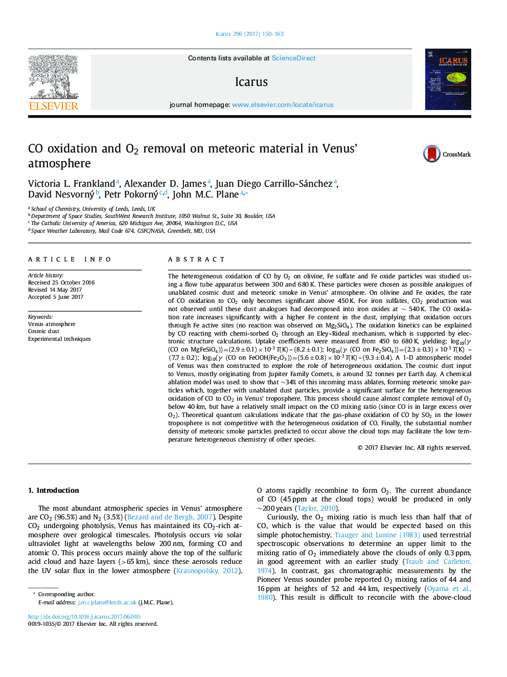 CO oxidation and O2 removal on meteoric material in Venus' atmosphere