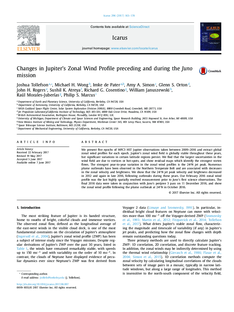 Changes in Jupiter's Zonal Wind Profile preceding and during the Juno mission