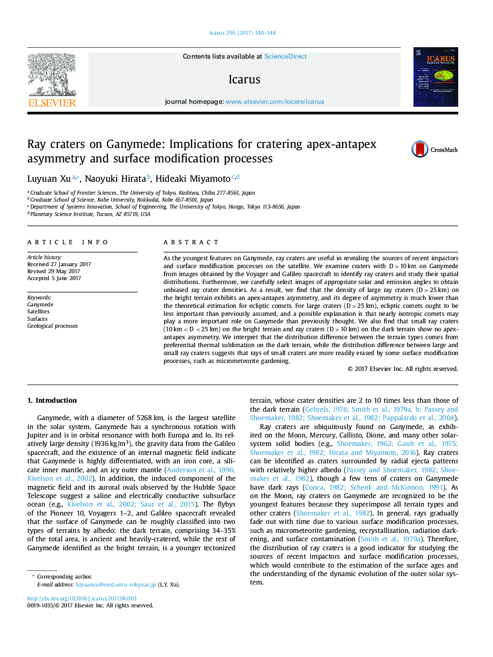 عکس صفحه اول مقاله: Ray craters on Ganymede: Implications for cratering apex-antapex asymmetry and surface modification processes Ray craters on Ganymede: Implications for cratering apex-antapex asymmetry and surface modification processes