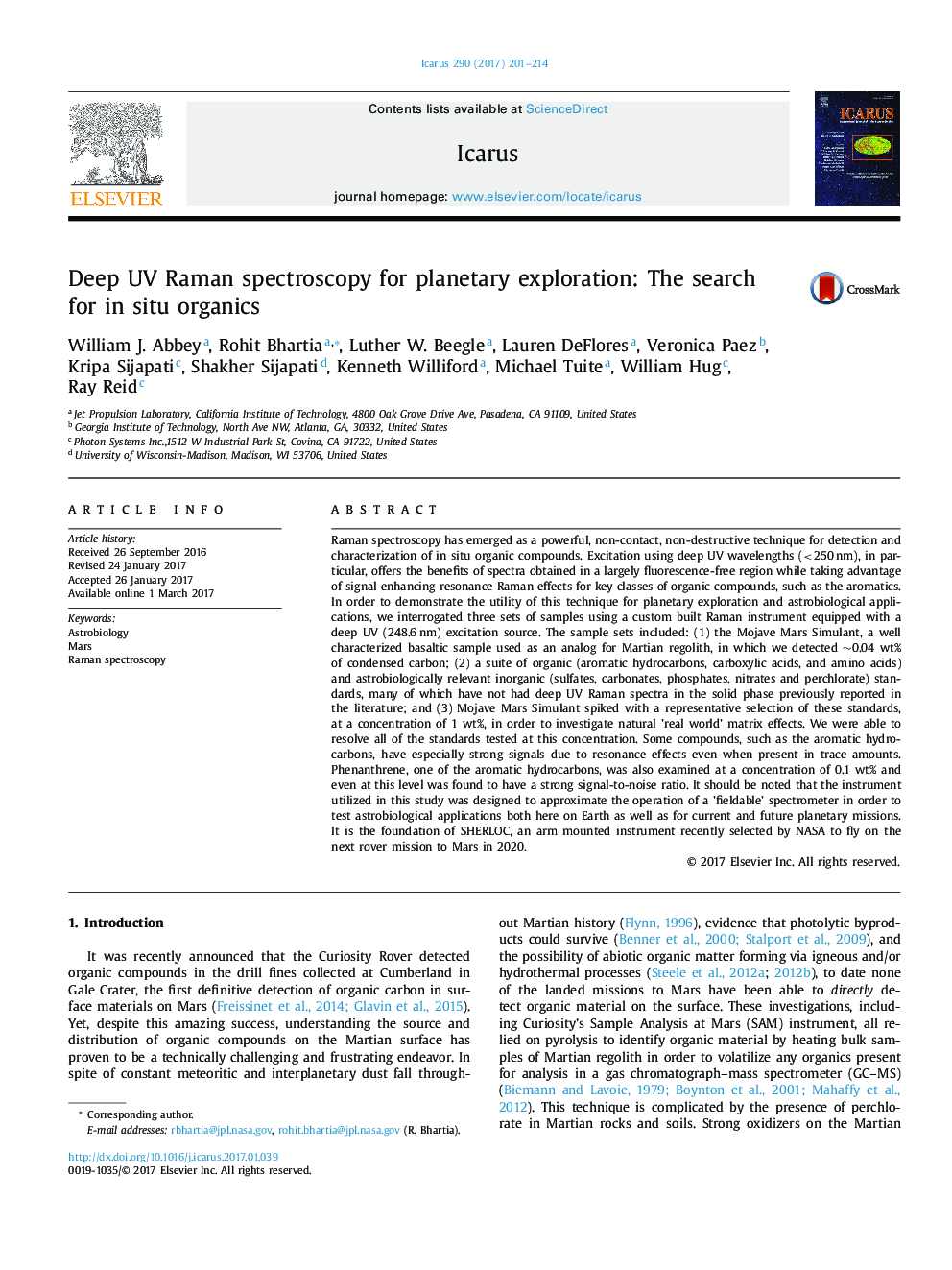 Deep UV Raman spectroscopy for planetary exploration: The search for in situ organics
