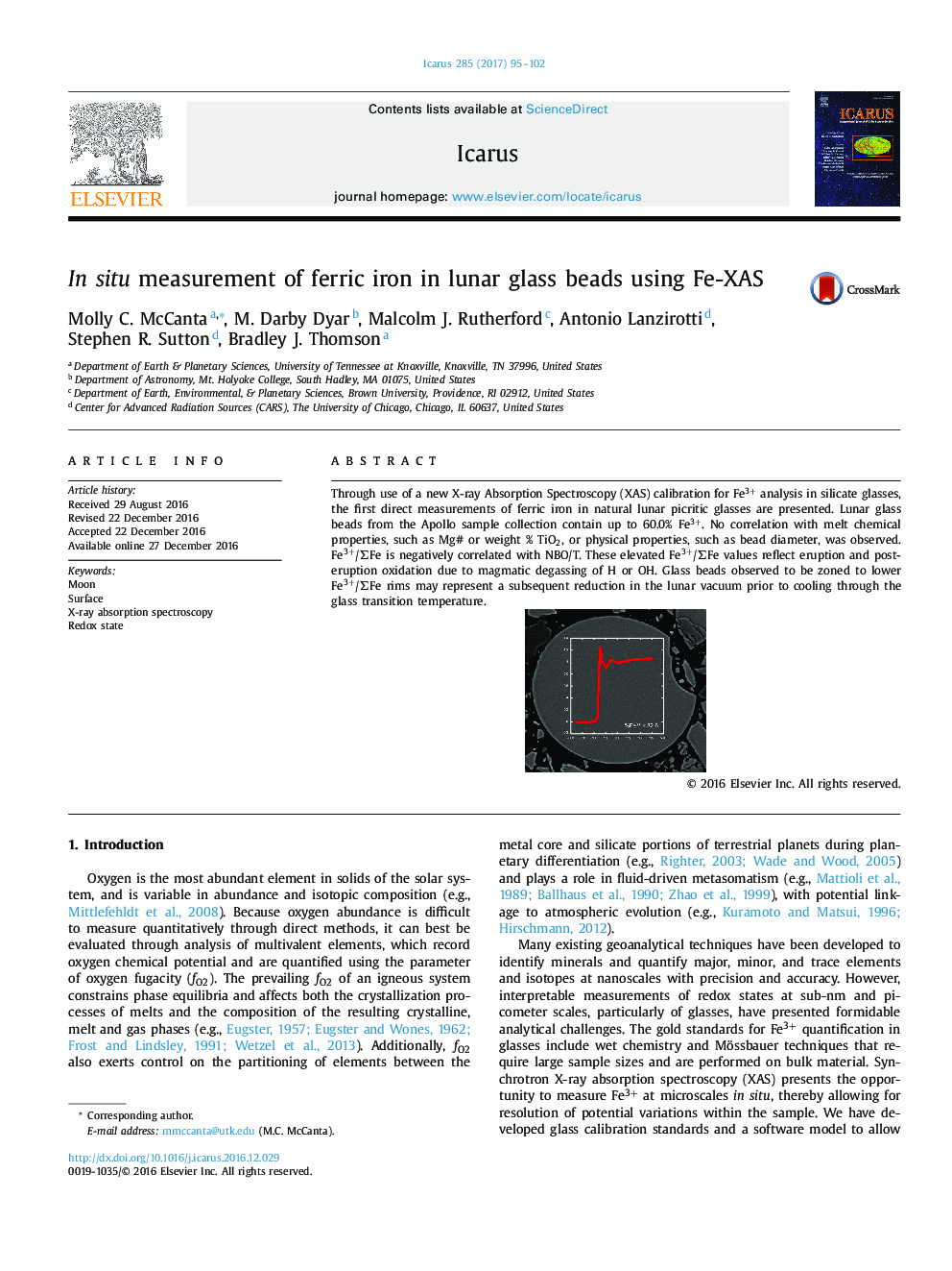 In situ measurement of ferric iron in lunar glass beads using Fe-XAS