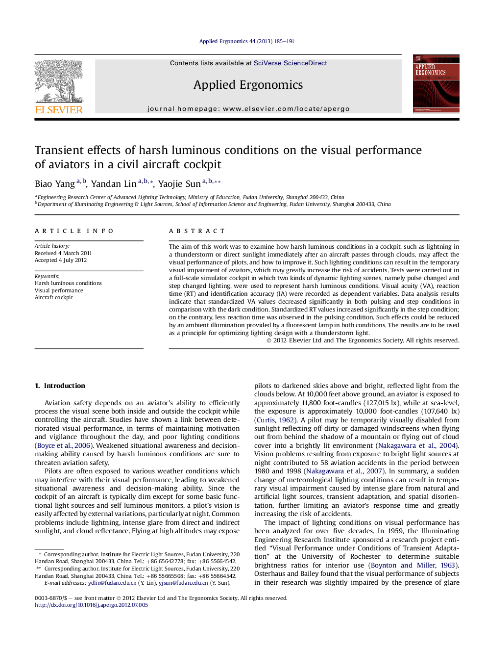 Transient effects of harsh luminous conditions on the visual performance of aviators in a civil aircraft cockpit