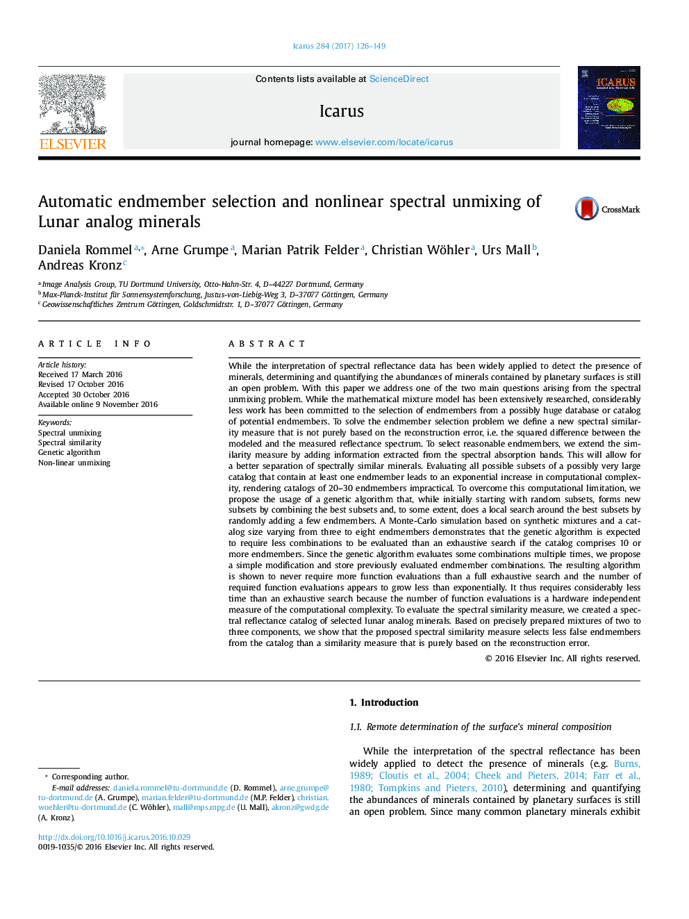 Automatic endmember selection and nonlinear spectral unmixing of Lunar analog minerals