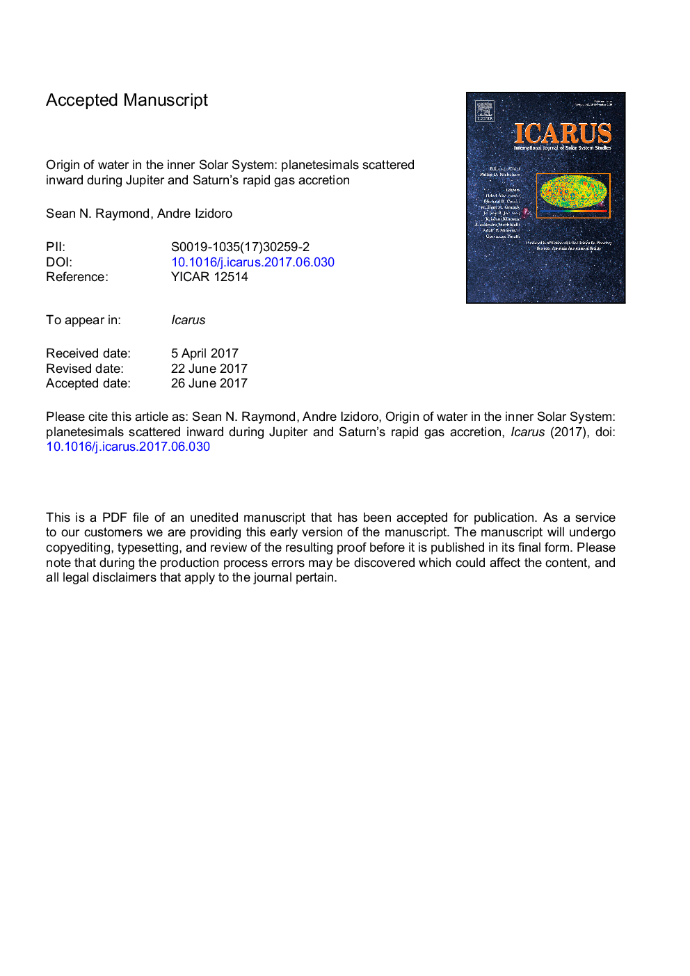 Origin of water in the inner Solar System: Planetesimals scattered inward during Jupiter and Saturn's rapid gas accretion