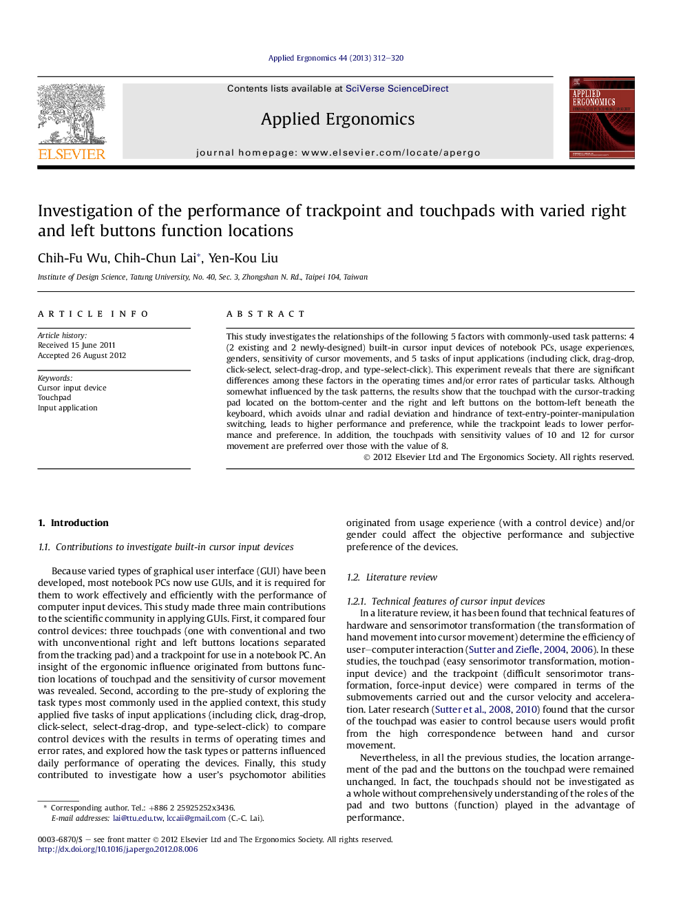 Investigation of the performance of trackpoint and touchpads with varied right and left buttons function locations