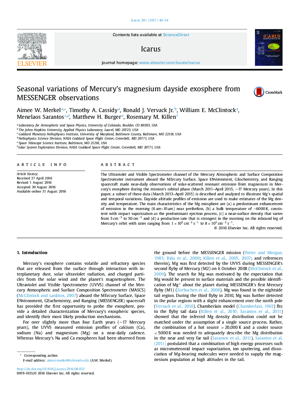 عکس صفحه اول مقاله: Seasonal variations of Mercury's magnesium dayside exosphere from MESSENGER observations Seasonal variations of Mercury's magnesium dayside exosphere from MESSENGER observations