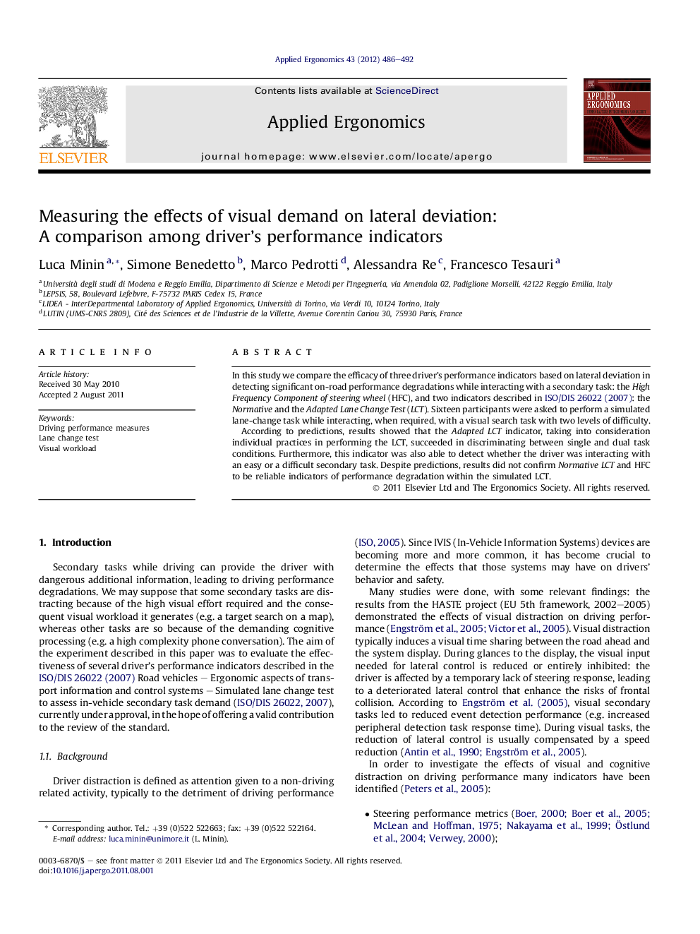 Measuring the effects of visual demand on lateral deviation: A comparison among driver’s performance indicators