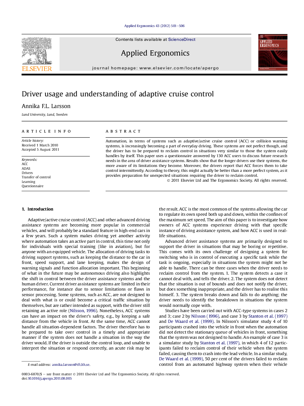 Driver usage and understanding of adaptive cruise control