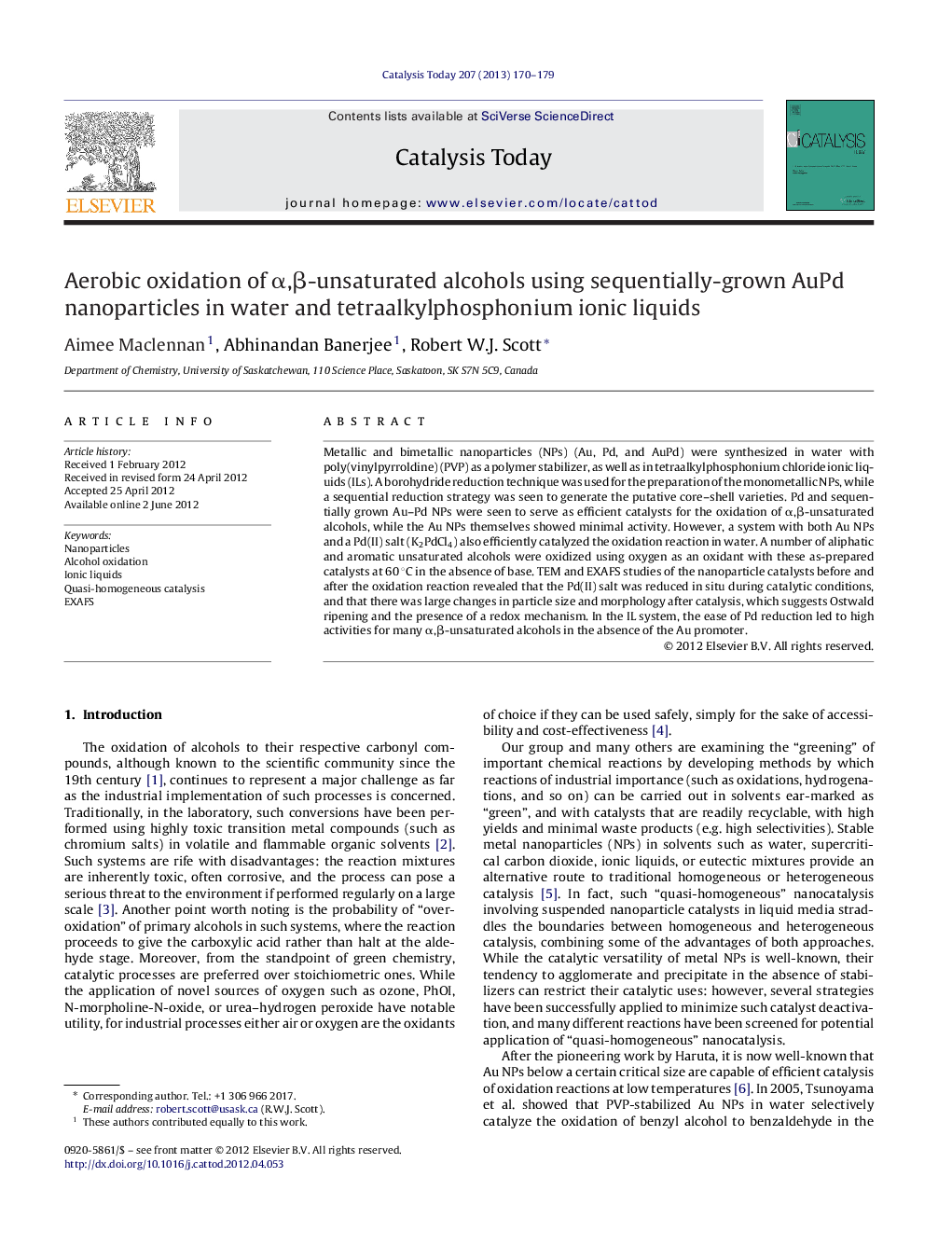 Aerobic oxidation of α,β-unsaturated alcohols using sequentially-grown AuPd nanoparticles in water and tetraalkylphosphonium ionic liquids