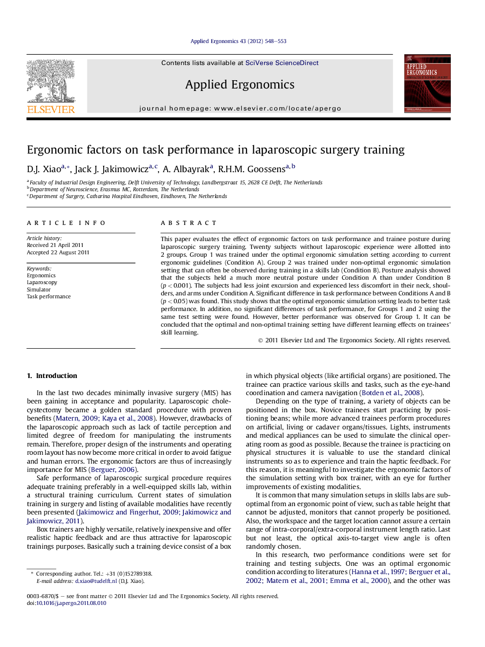 Ergonomic factors on task performance in laparoscopic surgery training