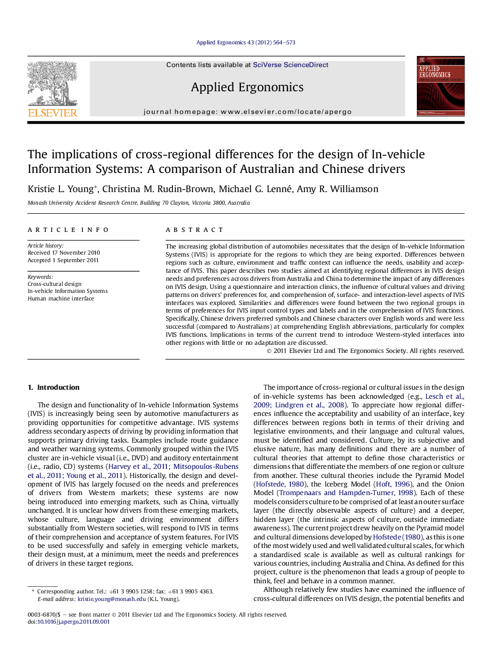 The implications of cross-regional differences for the design of In-vehicle Information Systems: A comparison of Australian and Chinese drivers