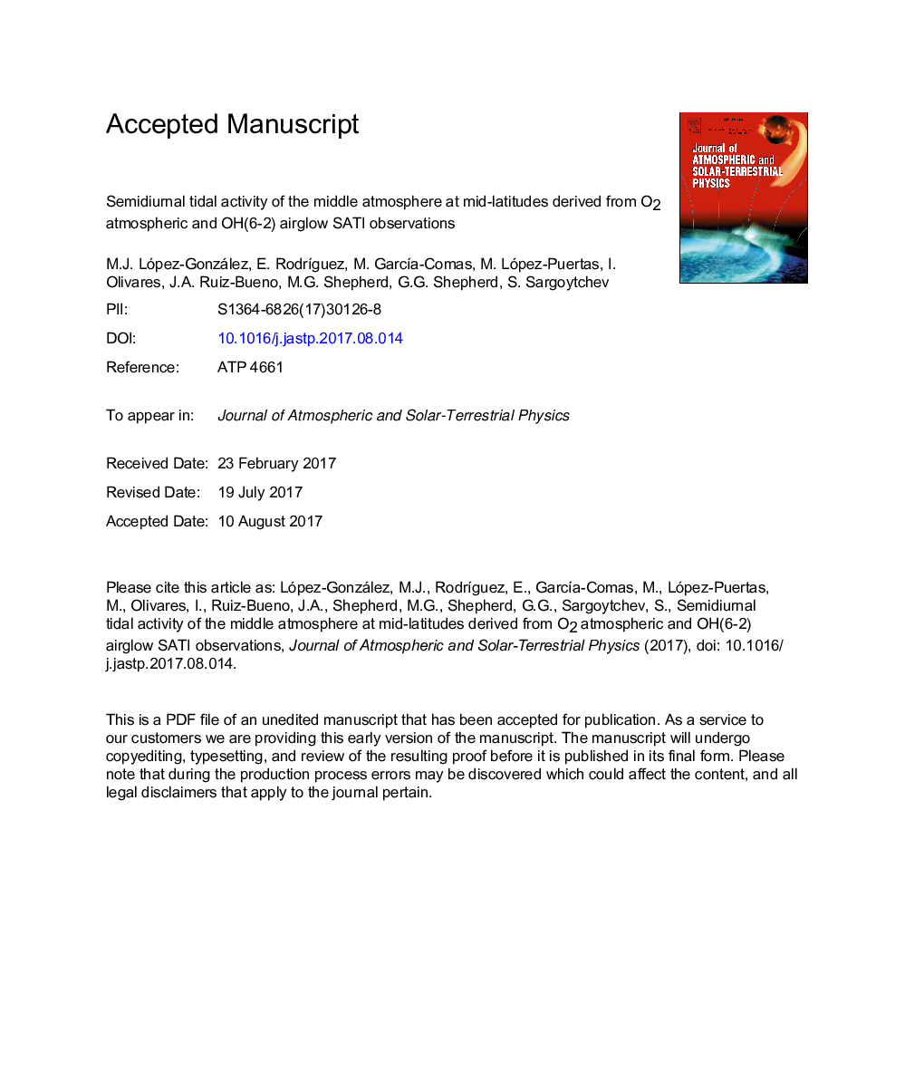 Semidiurnal tidal activity of the middle atmosphere at mid-latitudes derived from O2 atmospheric and OH(6-2) airglow SATI observations