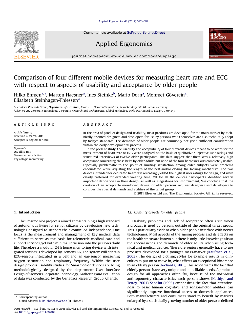 Comparison of four different mobile devices for measuring heart rate and ECG with respect to aspects of usability and acceptance by older people