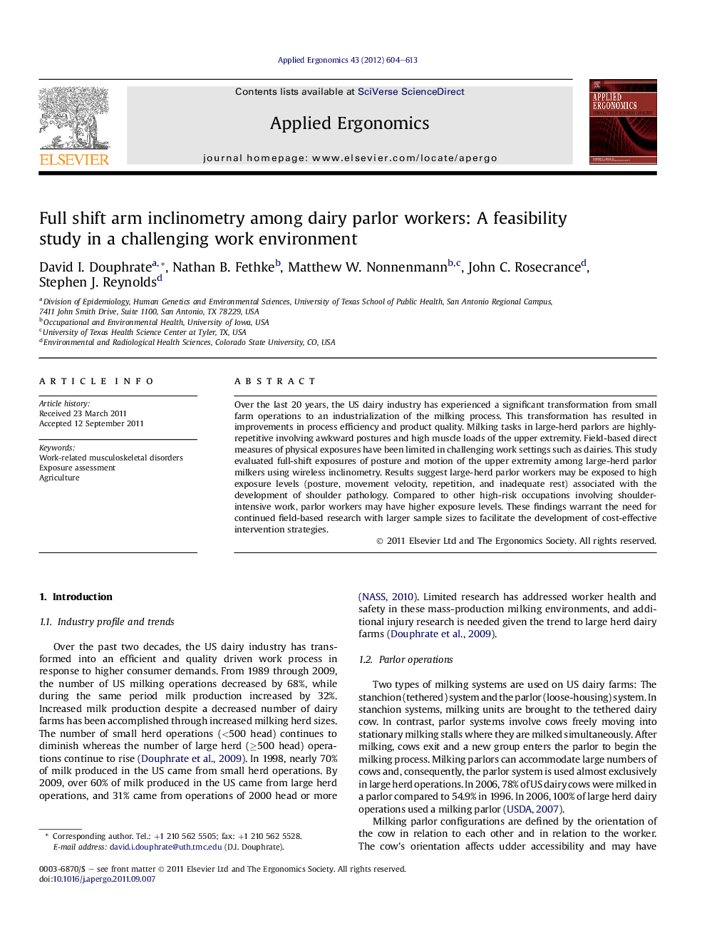 Full shift arm inclinometry among dairy parlor workers: A feasibility study in a challenging work environment