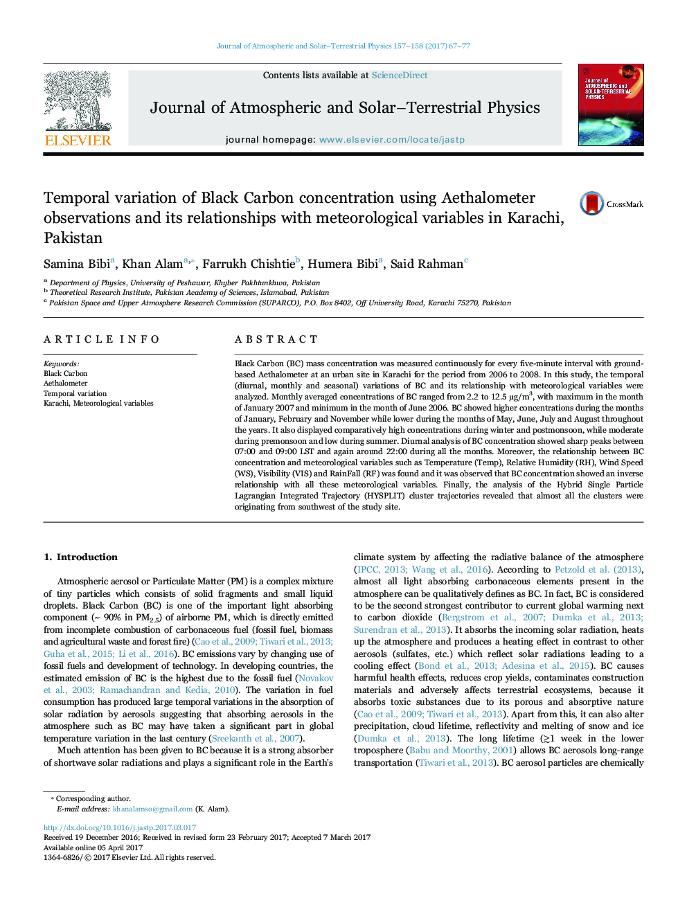 Temporal variation of Black Carbon concentration using Aethalometer observations and its relationships with meteorological variables in Karachi, Pakistan