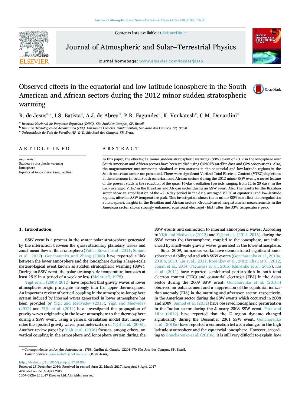 Observed effects in the equatorial and low-latitude ionosphere in the South American and African sectors during the 2012 minor sudden stratospheric warming