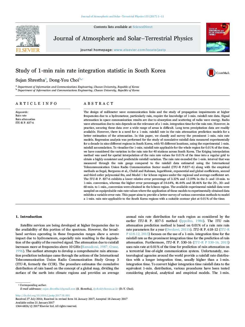 Study of 1-min rain rate integration statistic in South Korea