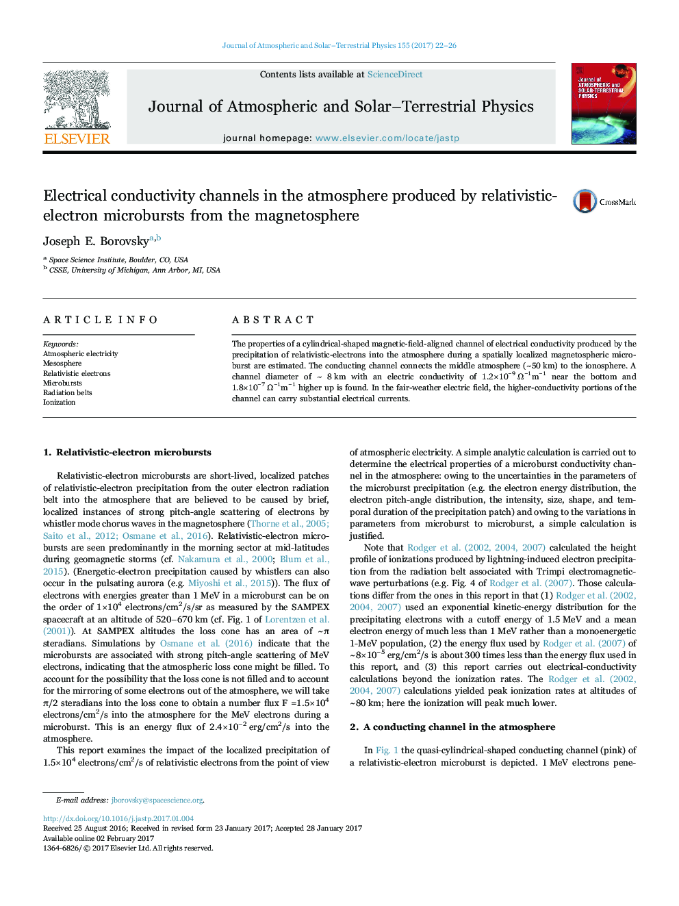 Electrical conductivity channels in the atmosphere produced by relativistic-electron microbursts from the magnetosphere