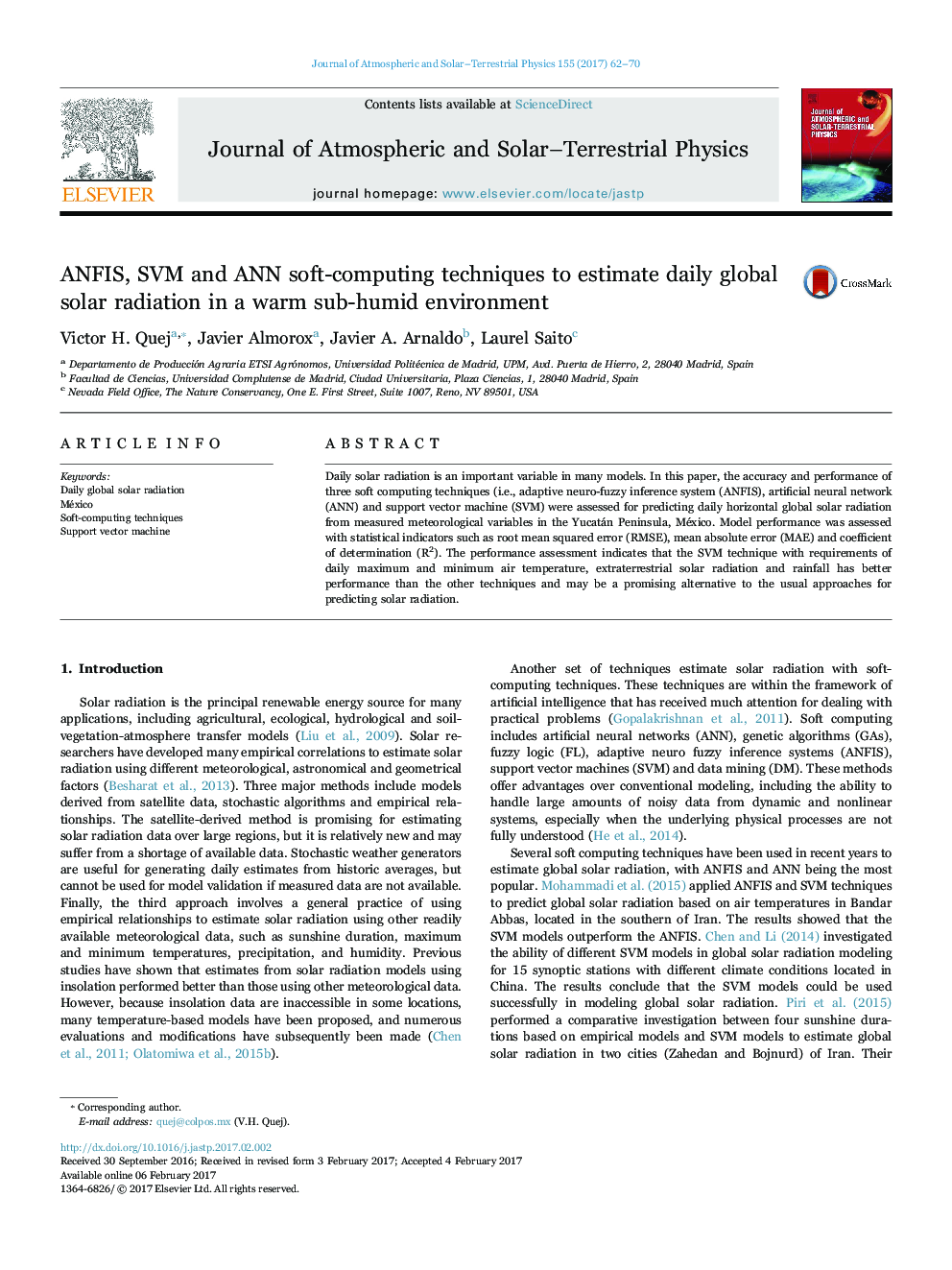 ANFIS, SVM and ANN soft-computing techniques to estimate daily global solar radiation in a warm sub-humid environment