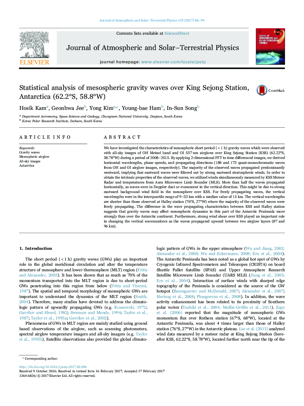 Statistical analysis of mesospheric gravity waves over King Sejong Station, Antarctica (62.2Â°S, 58.8Â°W)